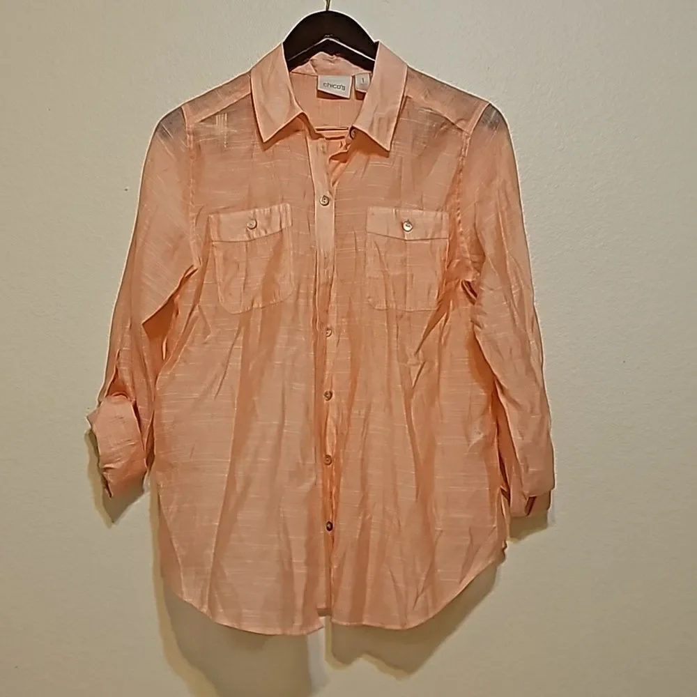Chicos Womens Orange Blouse Sz 1 Large Roll Tab Sleeve Top Coastal Shirt